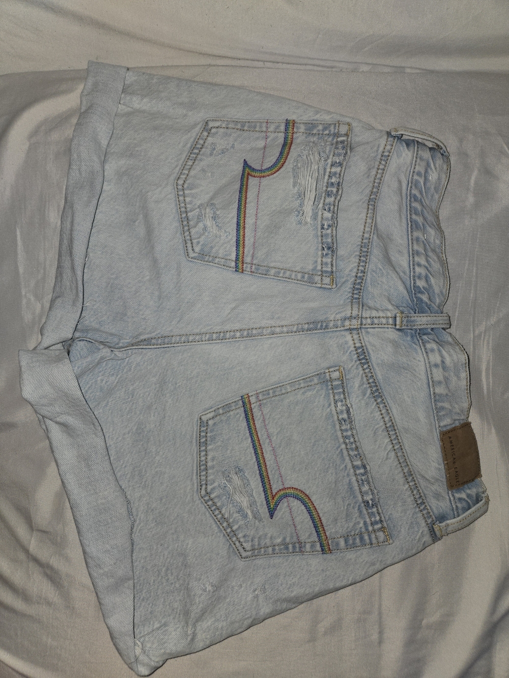 American Eagle Outfitters Light Blue Denim Shorts with Rainbow Pocket Stitching
